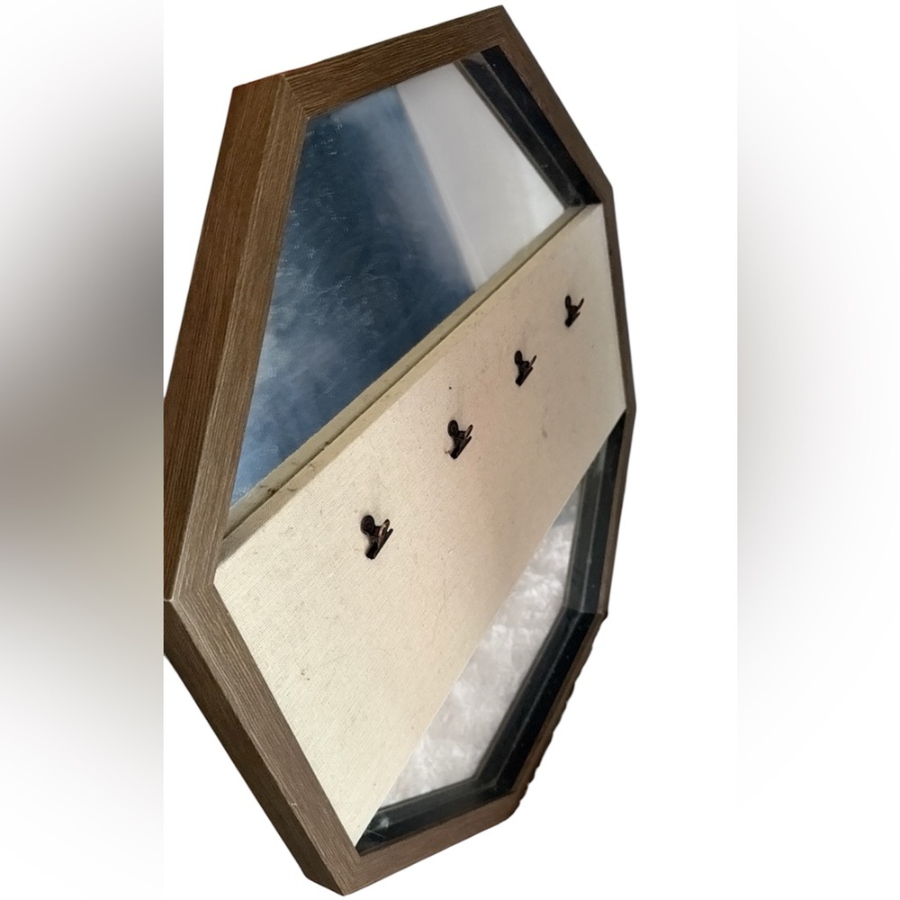 Hexagonal Wooden Mirror Frame with Hooks for Photos Decor
